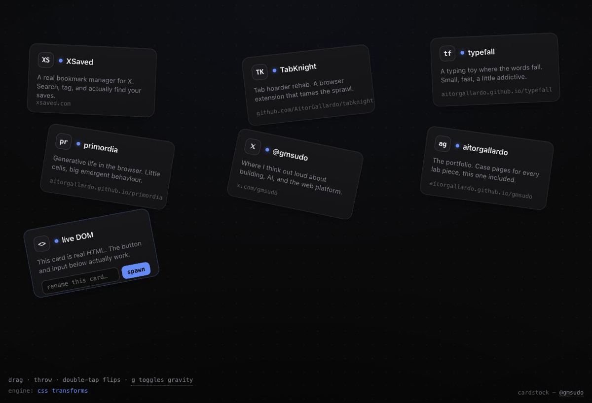 Dark scene with several HTML bookmark-style cards floating and overlapping, one lifted with a soft shadow