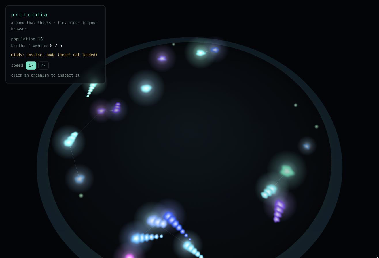 Primordia — glowing organisms drifting in a dark circular petri dish