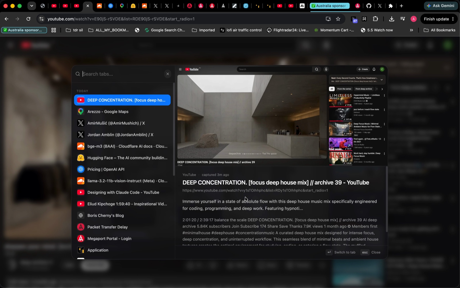 TabKnight's ⌘K overlay — a fuzzy-searchable tab list beside a live preview pane, floating over the current page
