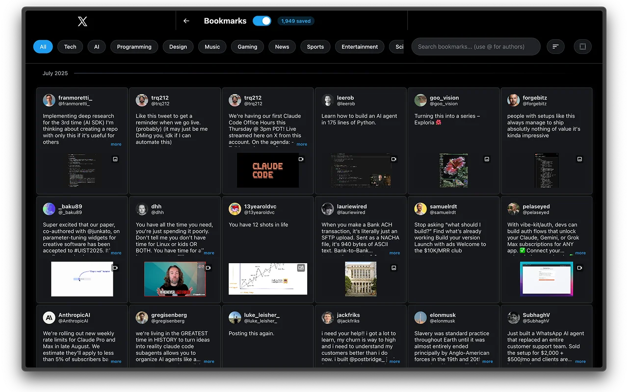 The XSaved library inside the browser, grouped by topic with instant search