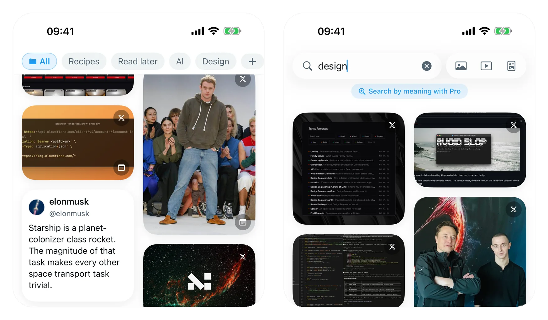 XSaved for iPhone — the home library with folder chips over a masonry grid, and search narrowing the library as you type