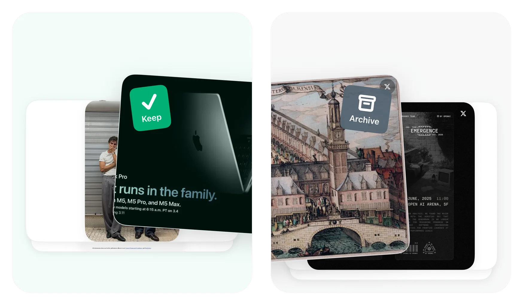 Tidy Up — a stack of bookmark cards; swipe right to keep, swipe left to archive, or file one into a folder