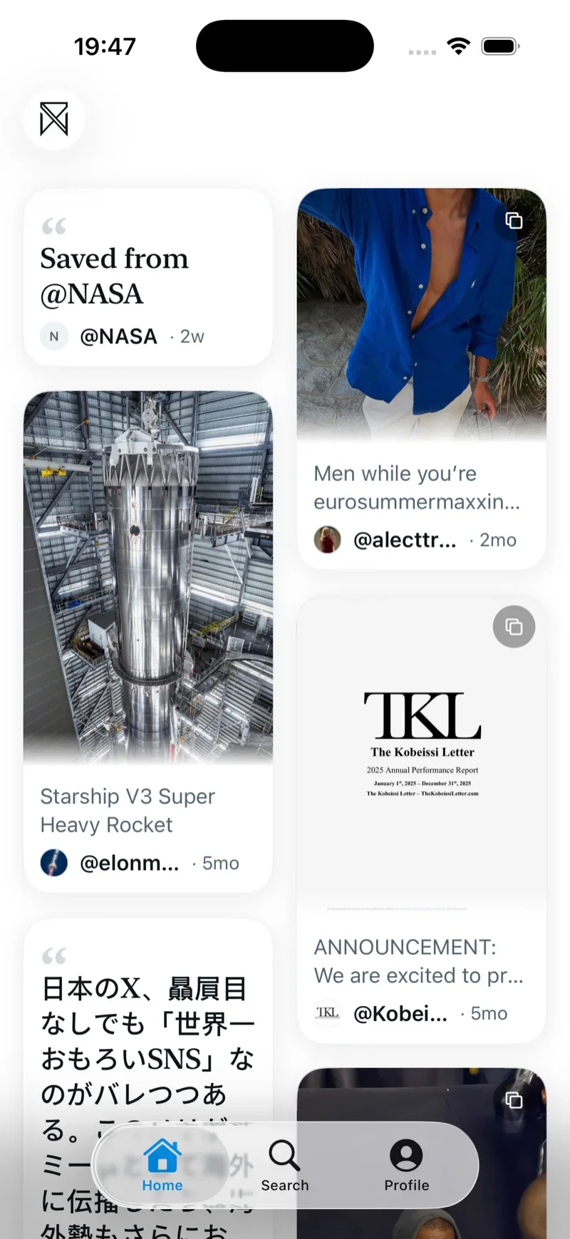 XSaved for iOS — an image-first grid of saved bookmarks on iPhone